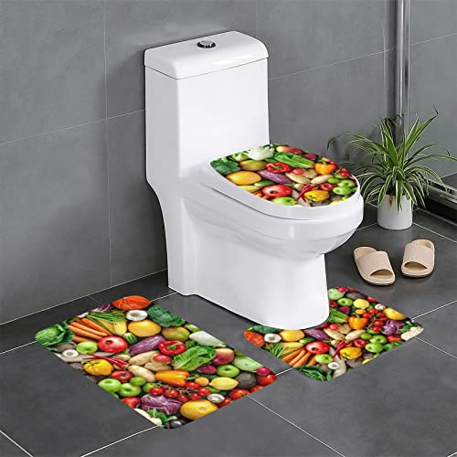 DEPILA Badezimmer 3-teiliges Badezimmerteppich-Set mit frischem Obst und Gemüse, 3-teiliges Badezimmerteppich-Set, Badematte + Kontur + Toilettendeckelbezug, rutschfeste Unterlage Sets