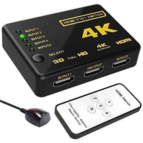 HDMI-Splitter 4K 60Hz HDMI Verteiler 5 in 1 Out,mit Ir Fernbedienung, Funktioniert Einfach,für Xbox,PS4, PS3,Blu-Ray-Player,Firestick,HDTV Und
