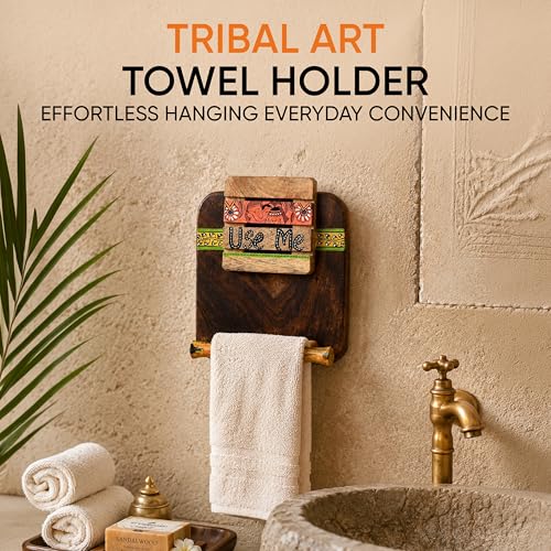 Image of Aakriti Art Creations Madhubani Art Wooden Towel Holder | Handcrafted Wooden | Matte Finish Natural Brown Wall Mounted Towel Holder for Bath & Wash Area