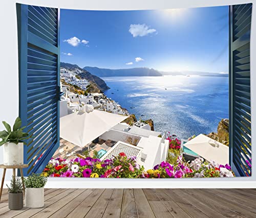 LB Blue Coastal Tapestry Wall Hanging, Greek Island Landscape Wall Tapestry, Colorful Flower Nautical Living Room Decor