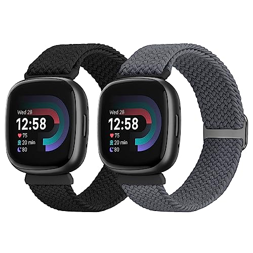SHIJZWD 2 Pack Elastic Braided Strap Fitbit Versa 4/3/Sense 2/3 Nylon Band, Black+Space Grey, 5.3-8.6 inches