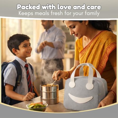 Image of Toy Imagine 6.5L Insulated Lunch Bag for Kids Office School Men Women Smiley Face Tiffin Bag Snack Tote Bag Compact Portable Leak Proof Tiffin Pouch Hot and Cold Lunch Box Bag for Boys and Girls(Grey)