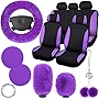 Tallew 17 Pcs Purple Car Seat Cover Full Set, Purple Car Seat Covers for Car Front Rear Cover Fluffy Steering Wheel Covers Soft
