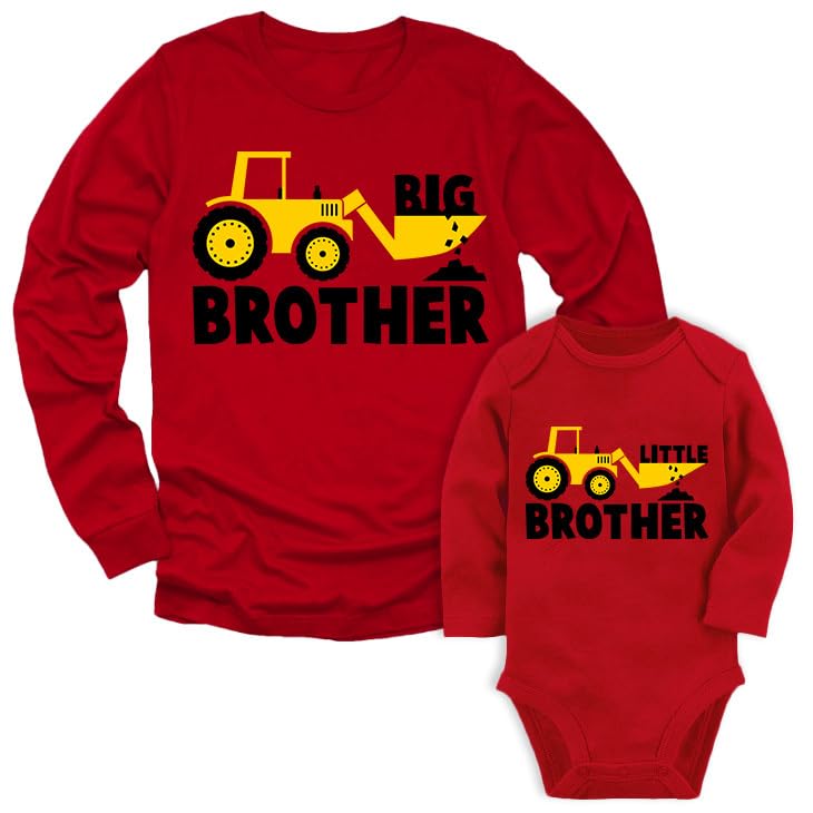 Tractor Big Brother Little Brother Matching Outfits Sibling Long Sleeve Shirts Toddler/Kids Long Sleeve T-Shirt Red 2T / Baby Long Sleeve Bodysuit Red Newborn (0-3M)