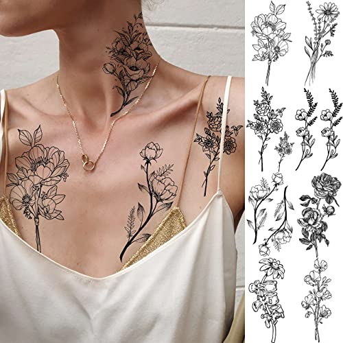 Joehapy 19 Sheets 3D Sexy Flower Temporary Tattoos For Women Neck Arm Girls Black Waterproof Small Fake Tattoo Stickers Tiny Branch Rose Floral Sunflower Wild Plants Sketch Tatoo Sets Kits For Adults #TOP6