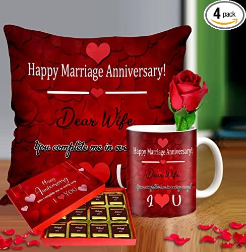 Midiron Romantic Gift for Wife On Anniversary Special | Birthday Gift for wife | Chocolate Gifts for Wife | Unique Anniversary Gift for Wife | Printed Cushion & Mug, Artificial Red Rose