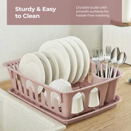 Image of Lifelong Plastic Dish Drying Rack with Drain Tray, Kitchen Dish Drainer with Cutlery Holder, Utensil Organizer for Plates, Bowls & Cups (Pink)
