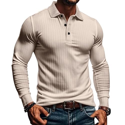 Polo Shirts Slim Fit Ribbed Button Collared Men's V Neck
