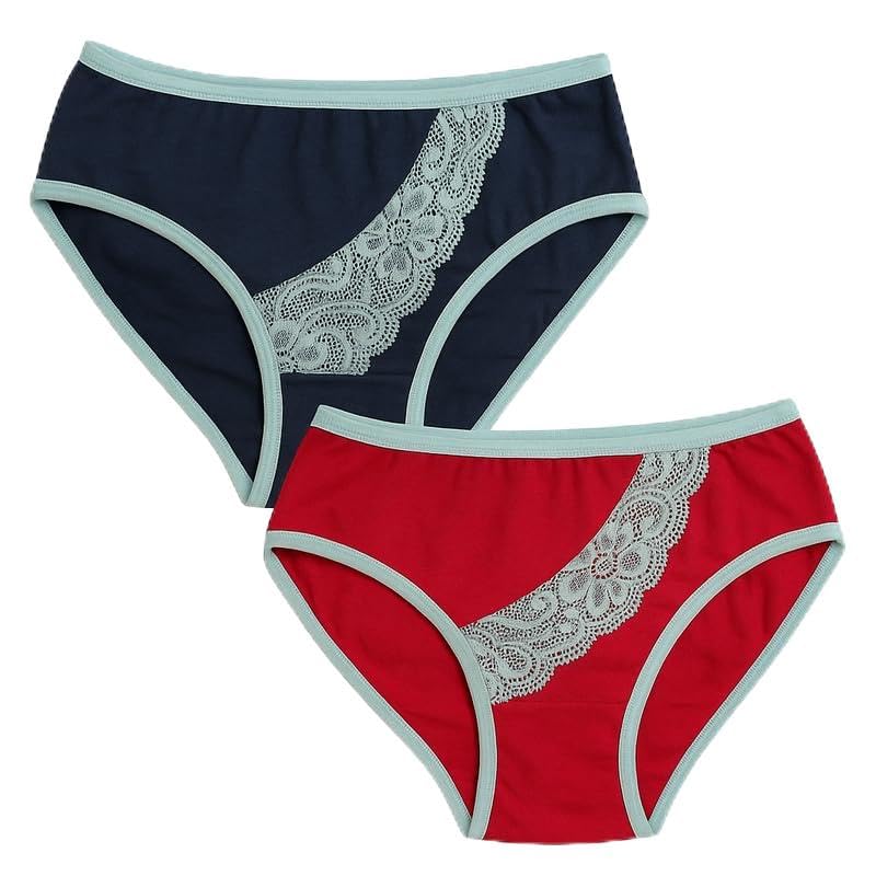 Women's Cotton Bikini Panties with Lace Side Panel – Comfortable Mid-Rise Underwear – 2 Pack (Blue, Red)-picture-20