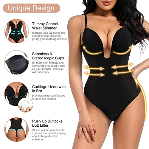 Decorus Women's Low Back Shapewear Tummy Control Deep V Neck Backless Body Shaper Plunge Thong Bridal Bodysuit Built in Bra2