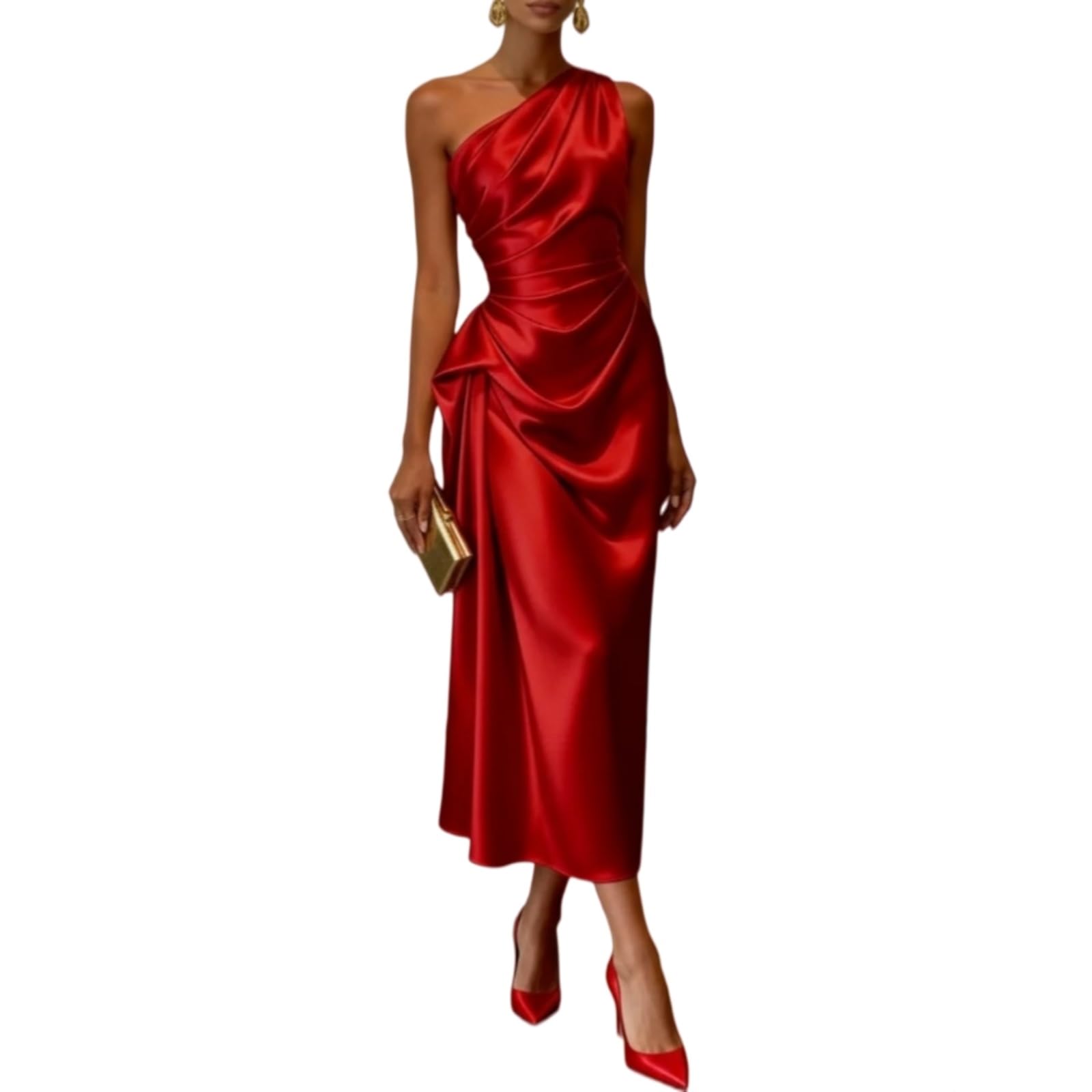 Abito Donna Elegante da Festa in Raso A Una Spalla - Midi Senza Maniche con Vita Stretched, Serale-Red-XL