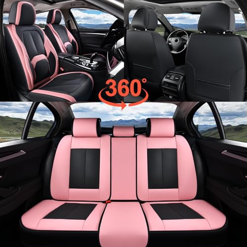 Image of Coverado Car Seat Covers Full Set, Waterproof Nappa Leather Seat Covers for Car, Car Seat Protector with Lumbar Support, Automotive Seat Covers Universal Fit for Most Cars SUV Trucks, (Black&Pink)