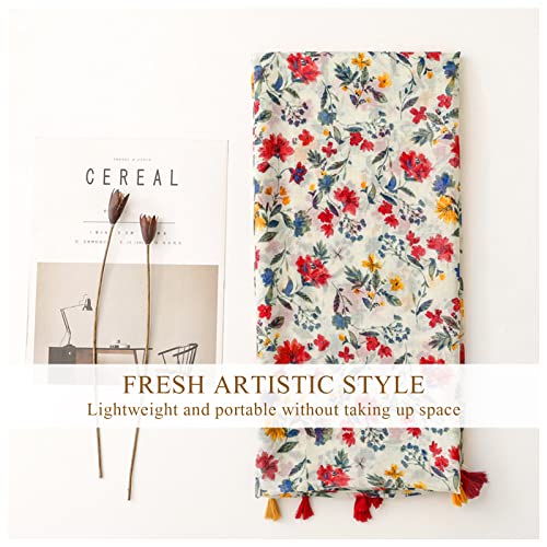 Voile Scarf Women Flower Plant Printed Geometric Pattern Two-Color Tassel Lightweight Sheer Shawl Long Wrap Stole4