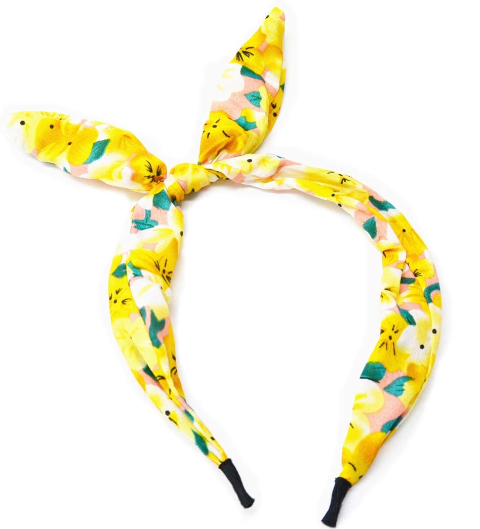 Boho Wide Ribbon Bowknot Alice Headband Hairband Bunny Rabbit Ears Wire Bendy Bow (Floral Mustard)