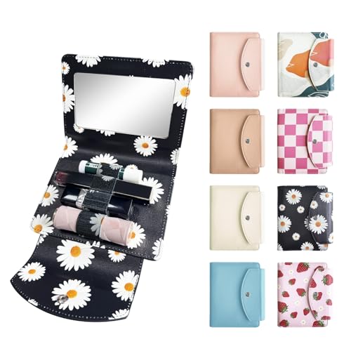 LAOTANGJIA PU Lipstick Case Holder with Mirror,Holds 4pcs of Long Lipsticks,Lipstick Holder,Makeup Travel Cases Organizer Bag Pouch for Gift Women