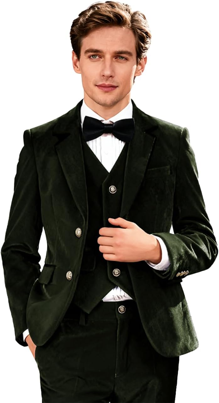 Mens Velvet Suit Slim Fit Dress Suit Set 3 Piece Formal Tuxedo Notch Lapel Blazer Dinner Party Vest Pants
