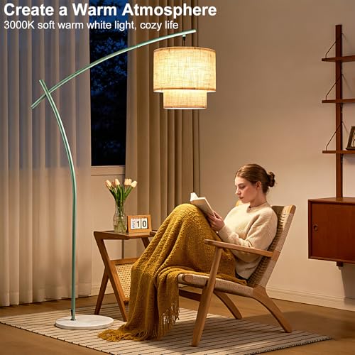 Image of Lightdot Arc Floor Lamp for Living Room, Modern Standing Tall Lamps with Double Linen Lampshade, Tall Hanging Pole Lamp with Bulb Included for Bedroom Sofa Beside /Corner Decor - Grayish Green
