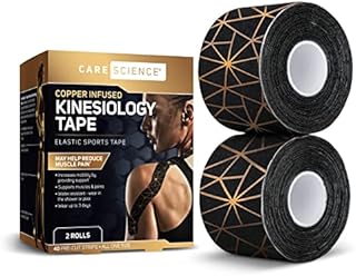 Care Science Waterproof Kinesiology Tape, 40 ct Precut Strips (2 Rolls), Copper Infused | Water Resistant Strips, Elastic Athletic Tape for Sports & Weightlifting, Muscle Strain Relief & Joint Support