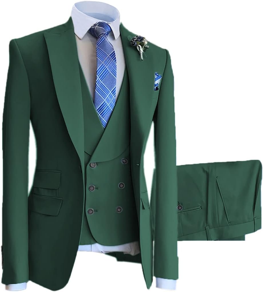 Men's 3 Piece Suit Peak Lapel Forma Tux Slim Fit Solid Suit Groomsman Suit- Blazer, Pants, Vest
