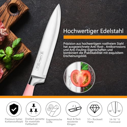 Justup 9-tlg Messerset mit Drehbare Acryl Messerblock, Rosa Sharp Antihaft Beschichtete Kochmesser Block Set,Edelstahl Messer Set für Küche mit Schärfer zum Schneiden Schneiden Würfeln Hacken (Rosa)