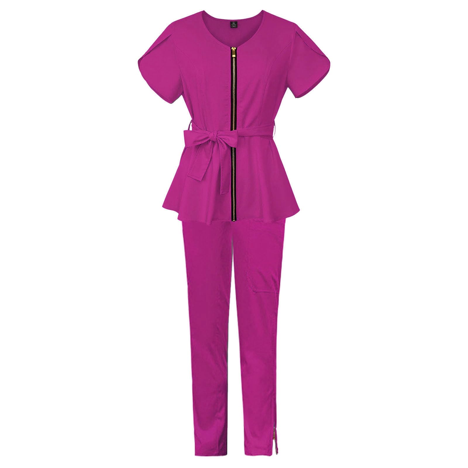 Uniforme mediche da donna, con scollo a V, top con cintura e pantaloni da jogging, vestibilità aderente, abbigliamento da lavoro per infermieri