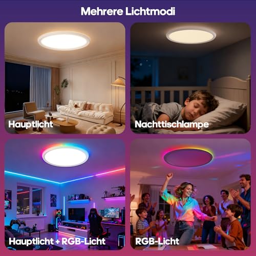 LED Deckenleuchte Flach Deckenlampe Flach Dimmbar mit Fernbedienung 3000K-6500K, 1800K Nachtlicht Amber Ceiling Lights Lampe für Schlafzimmer,Kinderzimmer,Wohnzimmer,Badezimmer (Rund - RGB)