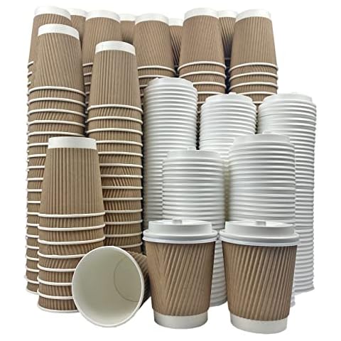 KRUCHI 100 Pack of 8oz Kraft Ripple Paper Cups with Lids for Hot and Cold Drinks, Disposable Triple Walled Cups for Coffee, Tea and Other Drinks Hot and Cold Disposable Tableware + Free Lids Cover