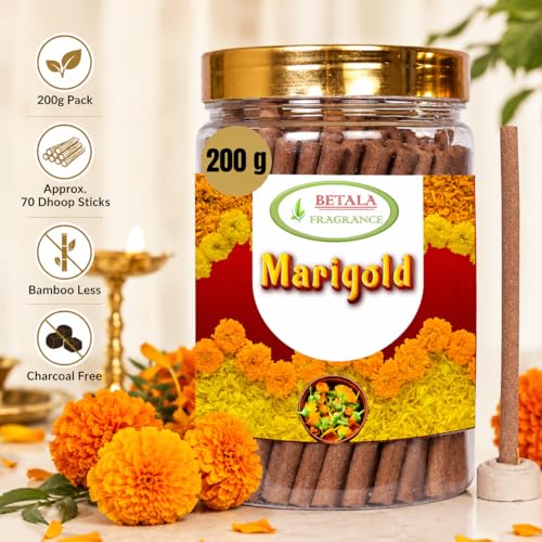 Image of Betala Fragrance Marigold Flavour Dhoop Sticks, 200 g Dhup Batti Stick with Stick Stand Holder, Bamboo Less & Non Charcoal (Marigold)