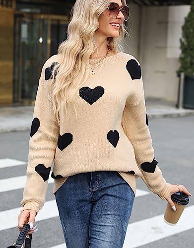 Image of Womens Cute Heart Sweater Crew Neck Long Sleeve Pullover Valentines Sweater
