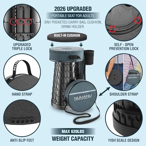 Image of NUMANU 2026 Upgraded Collapsible Stool & 3IN1 Cushioned Carry Bag, 2.5 inch-18 inch Height Adjustable Max 620lbs, Portable Retractable Telescoping Seat, Foldable Camping Stool or Footrest for Adults (Round)