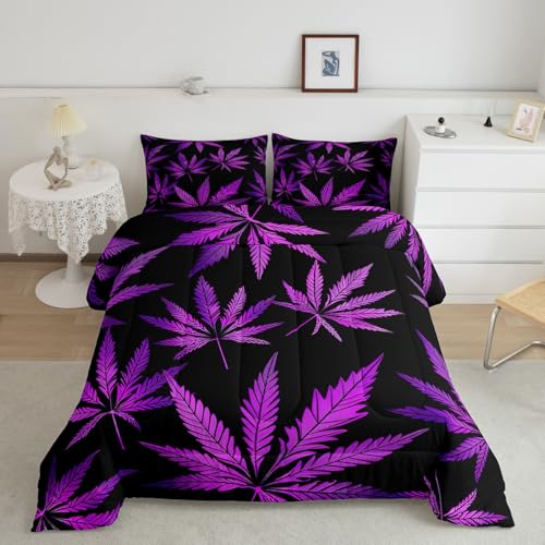 Image of Feelyou Marijuana Leaf Full Size Comforter Set Weed Leaf Botanical Black Purple Bedding Set for Kids Men Women Adults Cannabis Leaves Comforter Luxury Puple Hemp Quilt Set Room Decor 3Pcs