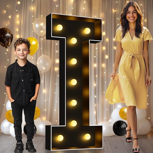 Image of Pooqla 4FT Marquee Light Up Letters, Black Large Letter I Party Decorations | LED Marquee Letters 4 Feet Tall, Black Giant Mosaic Letters Gift for Boys Men Birthday Anniversary Wedding Decoration