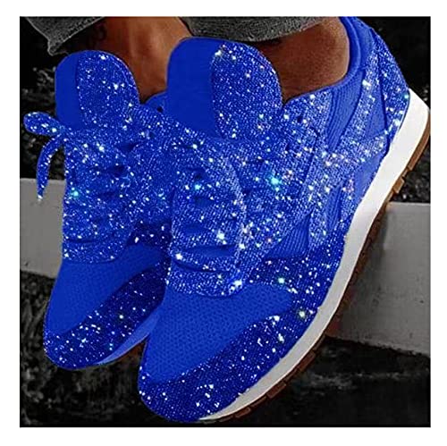 Women's Muffin Rhinestone New Crystal Platform Sneakers, Fashion Sneakers Women Sparkly Bling Wedge Platform Sneaker, Sparkly Sneakers Metallic Glitter Sneakers for Women (Blue, 8)