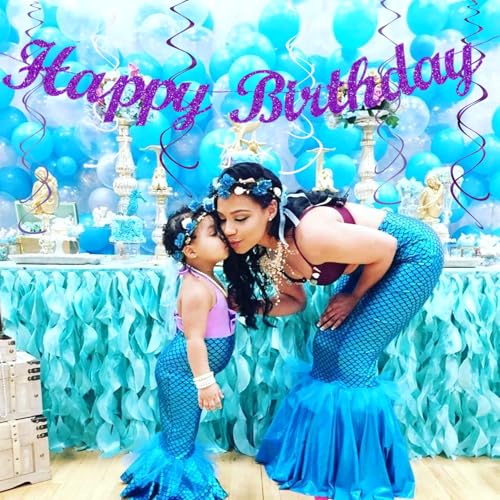 Image of Teal-purple Lavender Girl Mermaid-birthday Party-decorations - 21pcs Happy Banner,Under The Sea Ocean Paper Lanterns Honeycomb Streamers,Tissue Pom Poms Flower Fan,Classroom Hanging Decor Huglony
