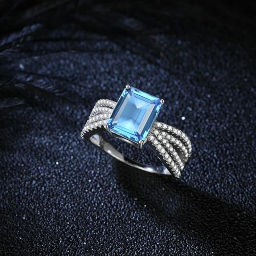 Emerald Cut Blue Topaz and Diamond Ring, Sterling Silver2