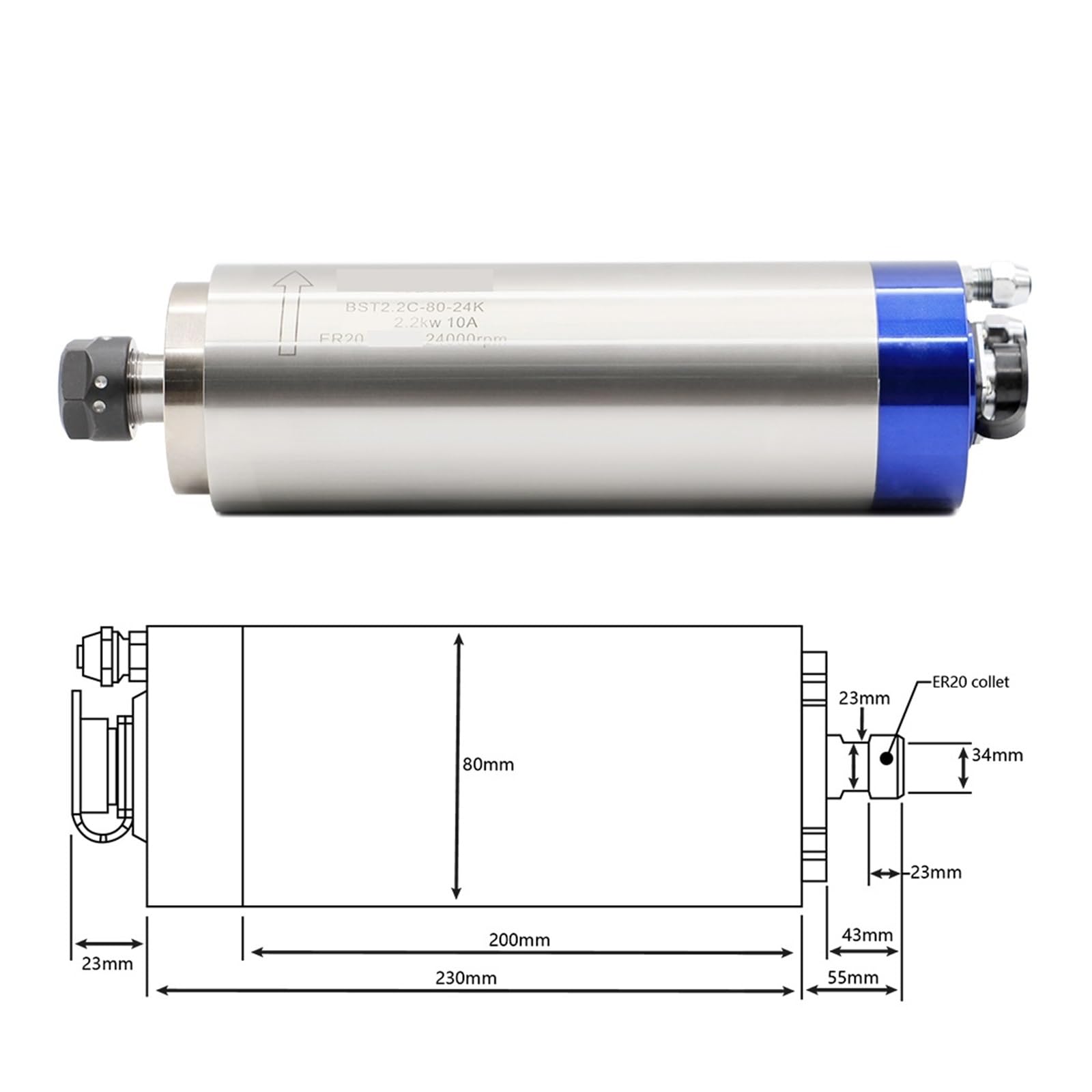 2.2KW ER20 80mm Wrzeciono Chłodzone Wodą CNC Grawerowanie Frezarka Ploter 4 Sztuk Łożyska Wysoce Zoptymalizowany(Steel Ball Bearing)