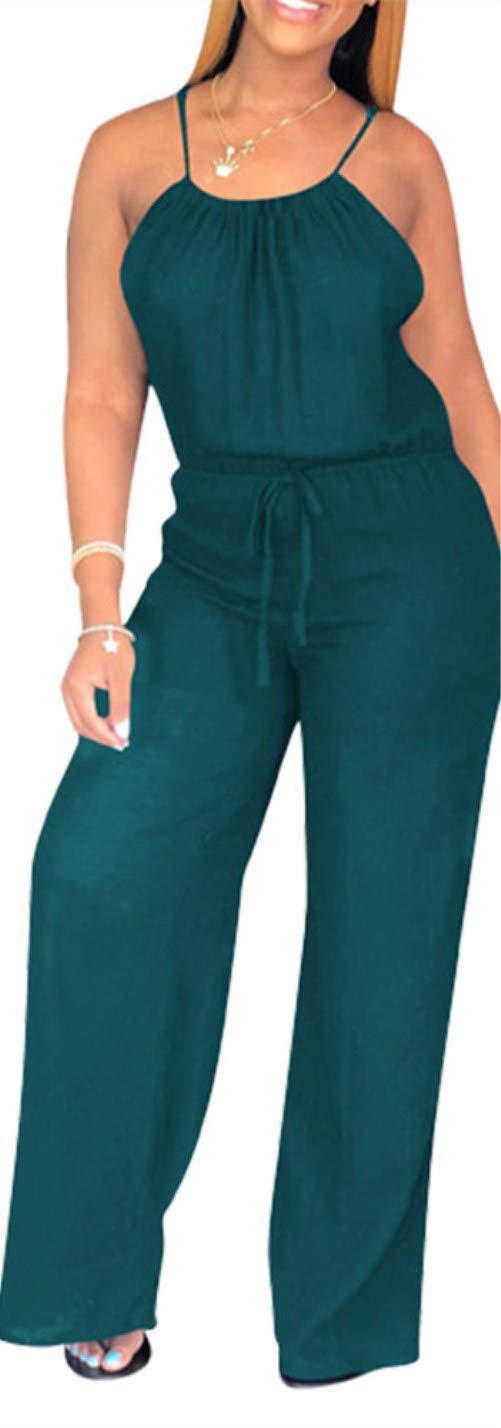 YeshireWomen's Spaghetti Strap Drawstring Waisted Plain Long Pants Jumpsuit Rompers