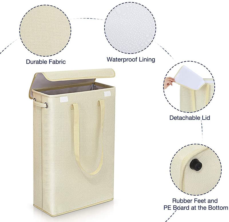 Panier à Linge Étroit Pliable 45L Avec Couvercle - Beige - Grande Capacité Pour Salle De Bain