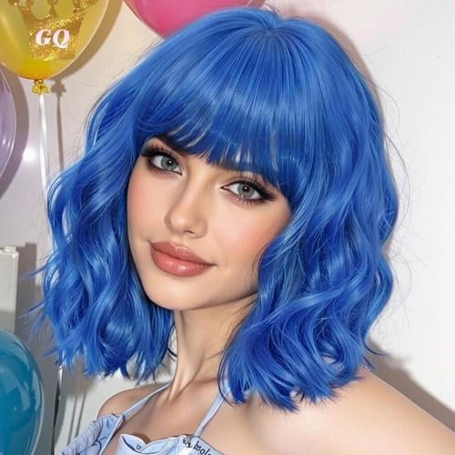 Image of AISI HAIR Blue Synthetic Wavy Curly Bob Wig with Bangs Short Wavy Hair for Women Synthetic Heat Resistant Bob Wigs