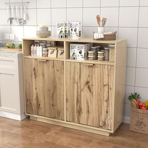 HSSZXFR 13 Gallon Trash Can Cabinet Wooden Fluted Furniture, Double Garbage Cabinet for Kitchens, Tilt Out Trash and Recycle Can Cabinet Combo Free Standing (Light Wood) Cover