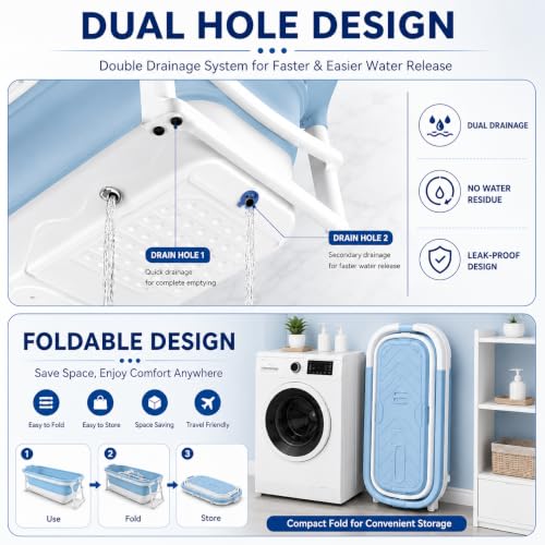 Image of HUKIMOYO Large bathtub for adults foldable bath tub for bathroom(132x 62x52cm) with Temperature Meter & Pillow Portable Bath Tub with Lid Adult Bathtub for Home Spa Hot &Cold Water (Suits upto 6ft)