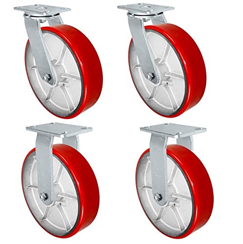 CasterHQ 12" x 3" Heavy Duty Industrial Casters – 2 Swivel & 2 Rigid – Red Polyurethane Steel Wheels – 14,000 lbs Capacity (Set of 4)