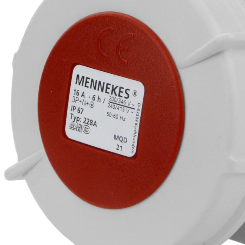 MENNEKES Enchufe recto montado en panel 228A, protección IP 67, 6 horas de posición a tierra, 5 polos, corriente de 16 A, 400 V, rojo