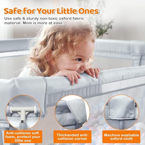 Image of Playpen 150 x 180 cm for Toddlers & Kids up to 5 Years with Pit Balls and 2 Anti-Fall Grasp Rings, Playard with Safety Lock & Suction Cup (No Mat, Non-Foldable) -Grey