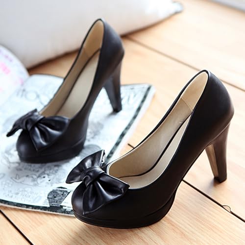 Asterisco Women Block Heel Pumps with Platform Bows High Heel Shoes Round Toe Slip On Elegant Heels, Size 2-12.54