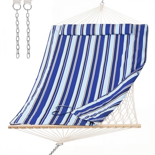 Image of SUNCREAT 2 Person Hammock with Hardwood Spreader Bar, Outdoor Rope Hammock with Polyester Pad, 475 lbs Capacity, Blue Stripes