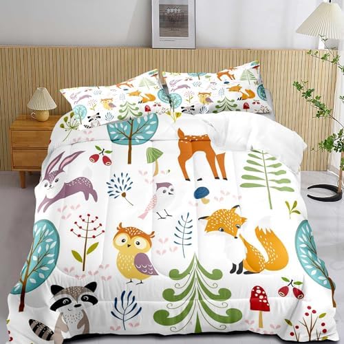LUVIVIHOME 2PCS Woodland Animals Comforter Set, Twin Comforter Set for Girls Boys Kids, Elk Deer Fox Owl Rabbit Raccoon Forest Animal Bedding, Soft Microfiber White Quilt, 1 Pillow Sham