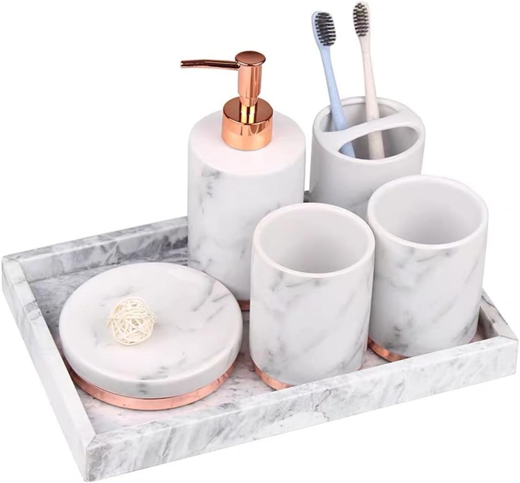 White Marble Bathroom Mouthwash Cup Toothbrush Holder Lotion Bottle Dish Ceramic 5pcs Home Hotel Washing Set