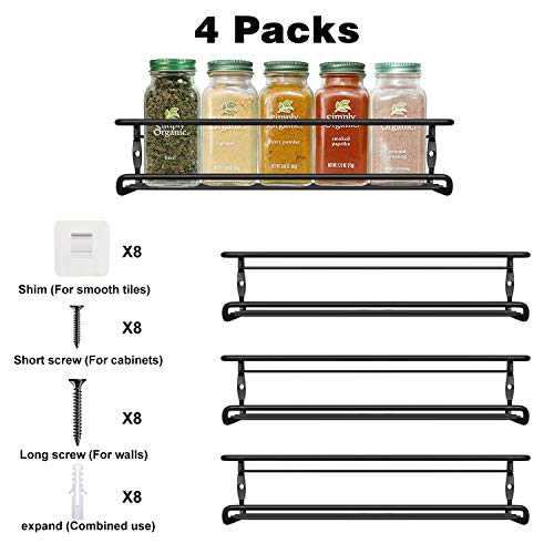 Urban Deco 4 Tier Single Hanging Spice Rack Organizer For Cabinet- Wall Mounted Seasoning Organizer - Space Saving Design For Kitchen, Pantry, Door(Black) #TOP1