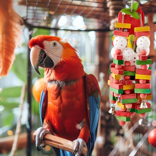 Image of Seenelling 3 Pcs Extra Large Bird Toys for Parrots, Block and Rope | Multicolored Natural Wooden Blocks & Beads Bells, Bird Cage Chewing Toys for Large Medium Macaws African Grey Cockatoos